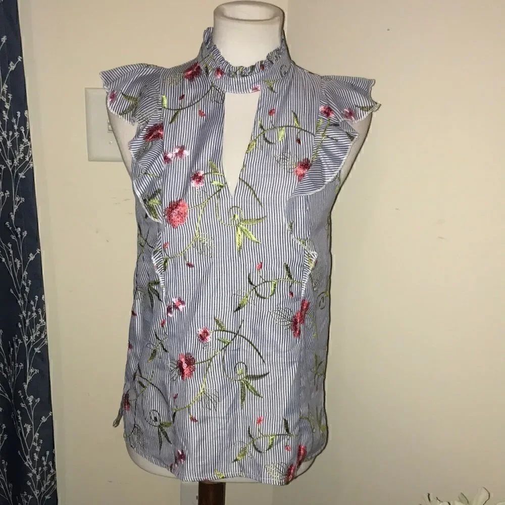BCBGeneration Sleeveless Ruffle Embroidered Top